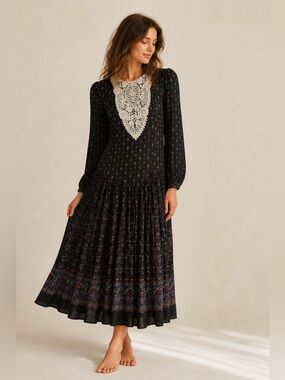 Vintage Gunne Sax Prairie Midi Dress Crochet Bib Floral Black Cottagcore SM*